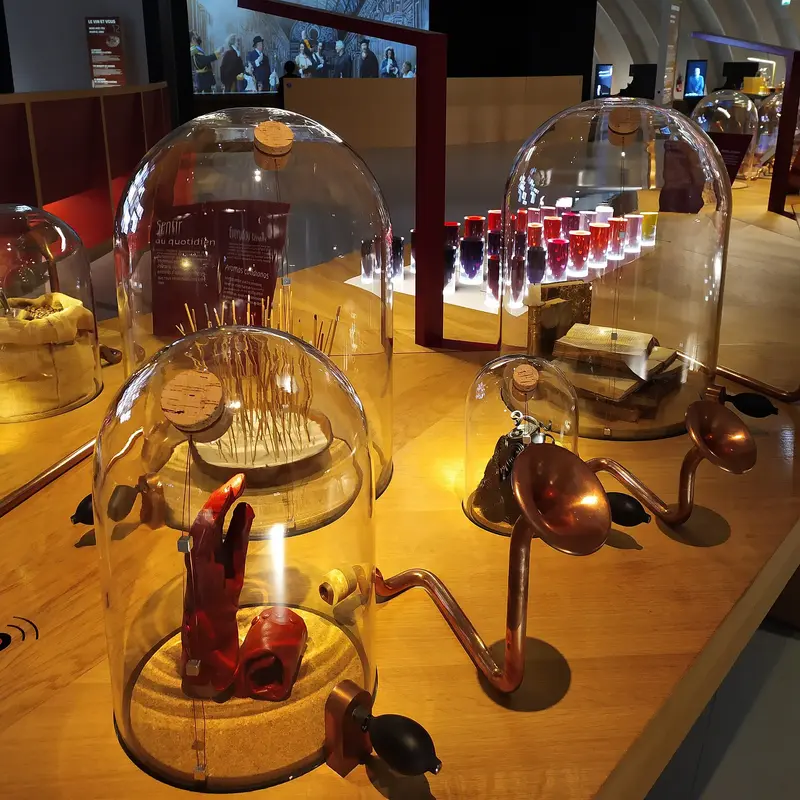 La pieza interactiva «Banquete de los sentidos» de la exposición permanente de La Cité du Vin, fotografiada en 2020; la foto no muestra el exterior del edificio