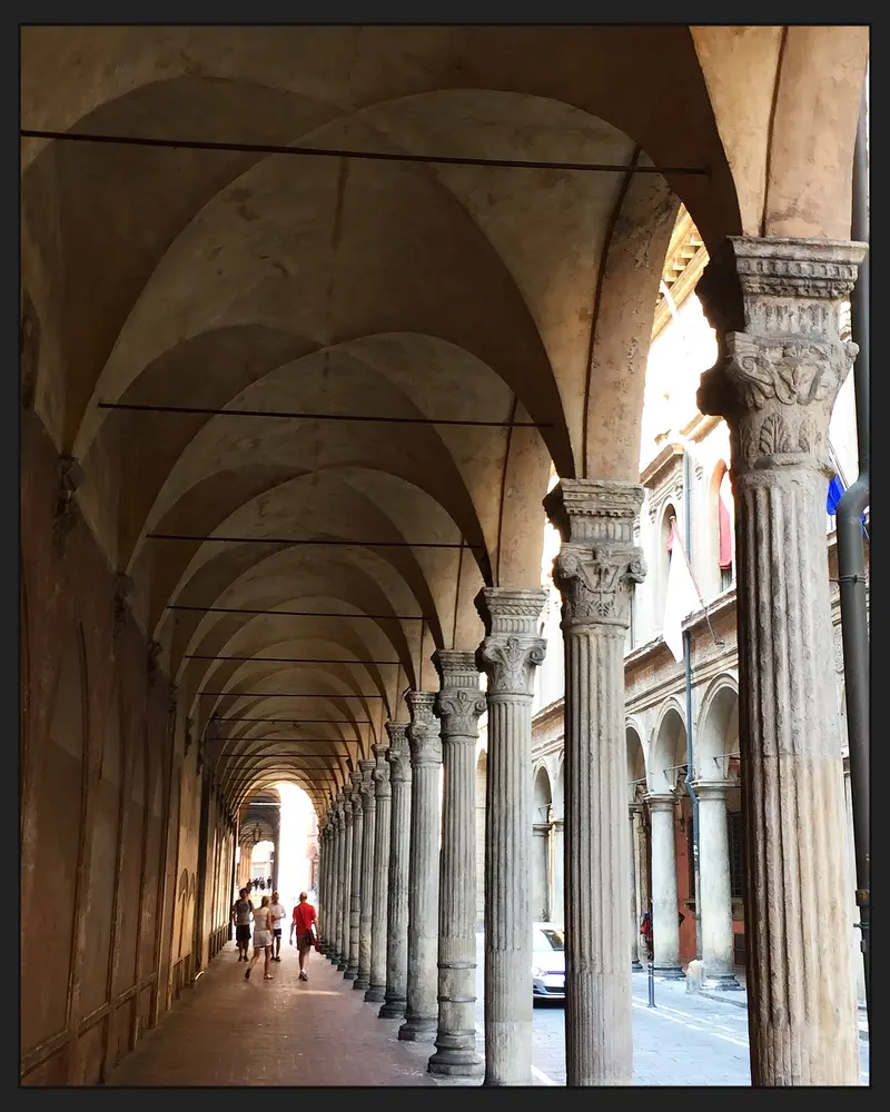 One stretch of Bologna's porticoes, photographed in 2018; not a panorama of all twelve World Heritage component parts