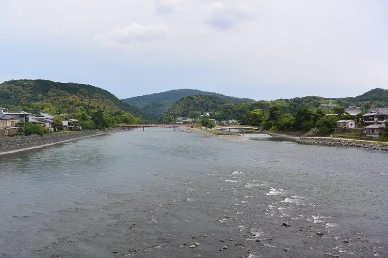 View upstream along the Uji River from Uji Bridge in 2017, showing the city's riverside landscape